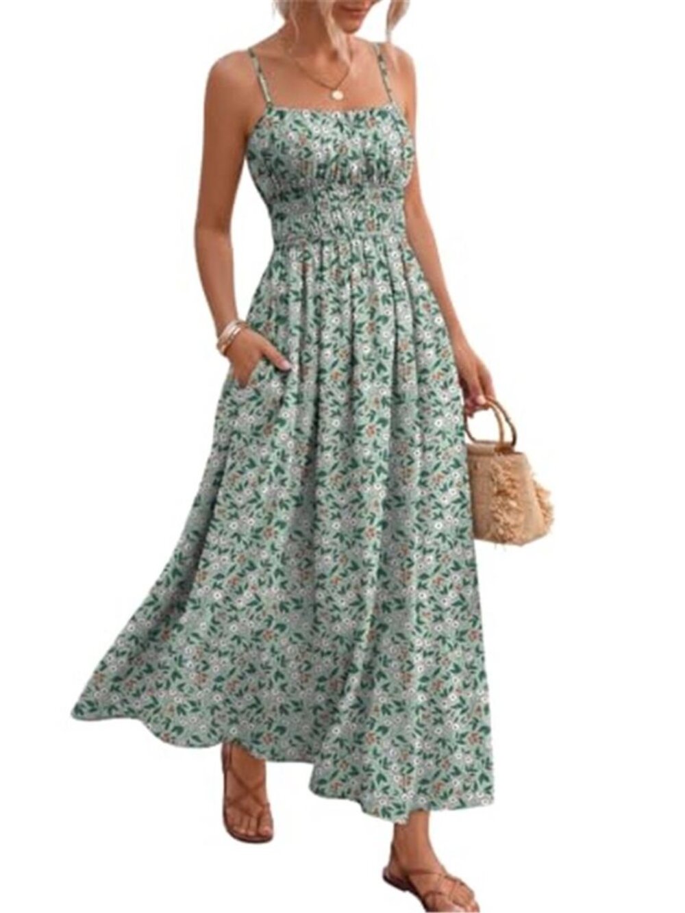 Women's Floral Maxi Dress Summer Spaghetti Strap Smocked Boho Flowy with Pockets